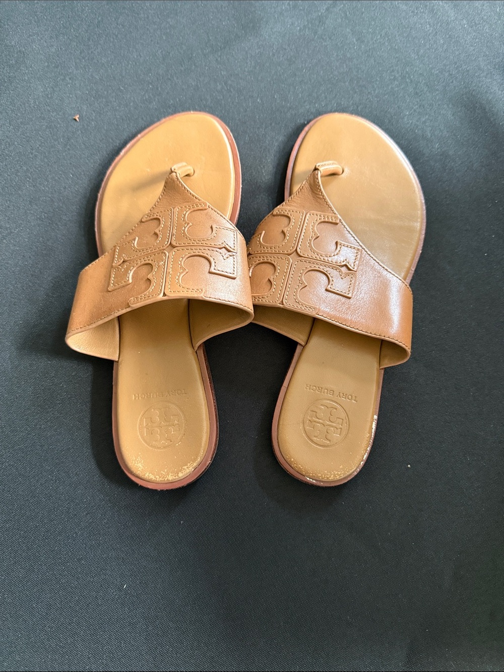 Tory Burch Cognac Leather Logo Toe-Loop Slides